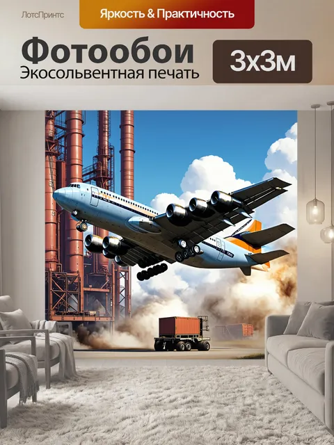 Фотообои грузовой самолет, взлетающий на фоне огромного индустриального пейзажа, насыщенного трубами и механизмами
