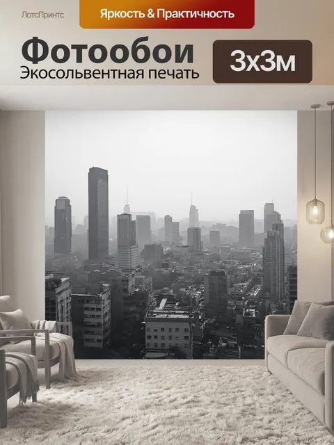 Фотообои черно-белый, представляющие собой вид на шумный город с высокими зданиями, утопающими в дымке осеннего утра