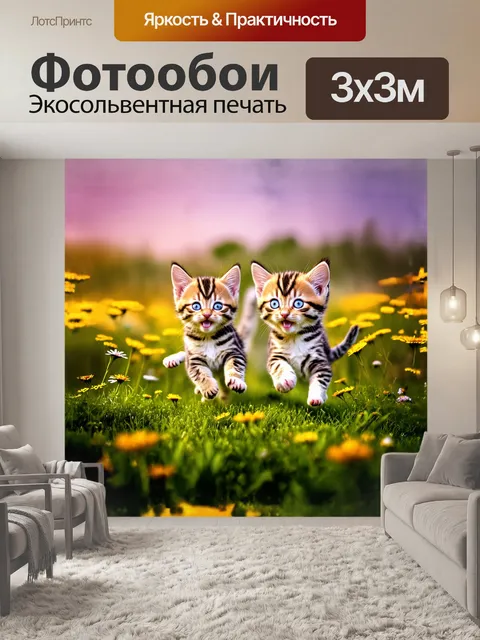 Фотообои на утреннем рассвете игривые котята весело скачут по зелёной траве, их глаза сверкают радостью