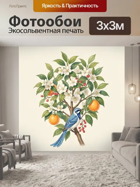 Фотообои Синяя птица на цветущем апельсине
