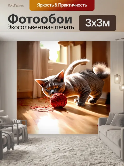 Фотообои британская короткошерстная кошка, весело играющая с клубком яркой шерстяной пряжи на деревянном полу