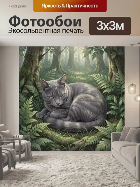 Фотообои Серый кот среди папоротников