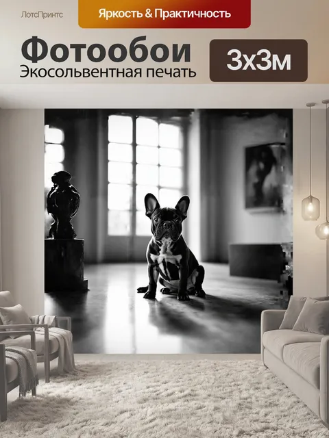 Фотообои симпатичный французский бульдог-щенок сидит в открытом мраморном помещении