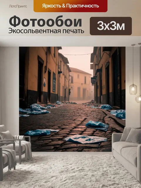 Фотообои рассвет в утреннем тумане на старой мостовой улице