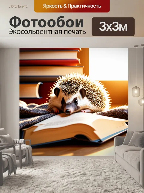 Фотообои ежик, усталый после долгого дня, лежит на уютном пледе с книгой, в окружении книг и мягкого света