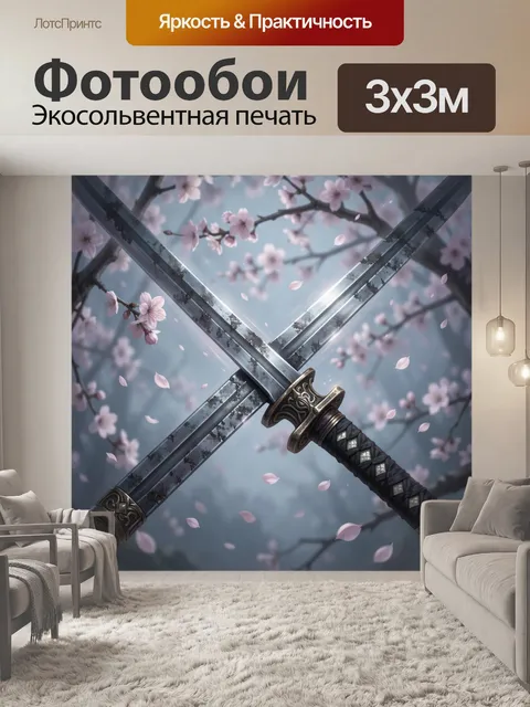 Фотообои Скрещённые самурайские мечи в сакуре