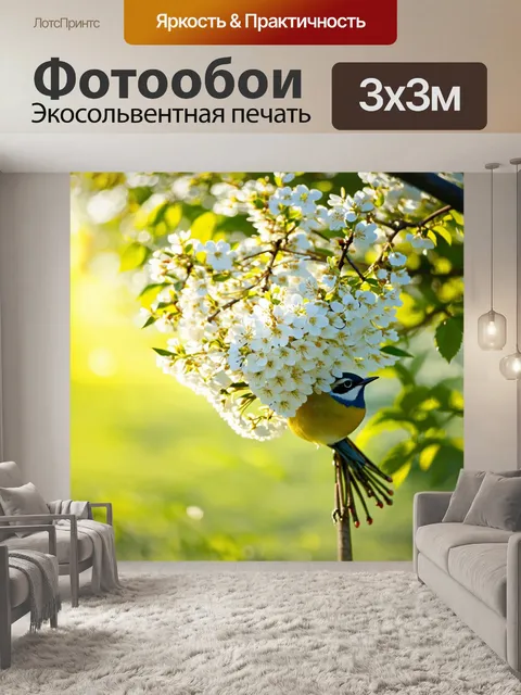 Фотообои яркое весеннее утро, когда черемуха с белыми цветками стоит на фоне зелёных листьев, а солнечные лучи…