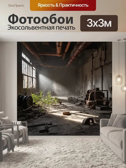 Фотообои лофт, изображающие заброшенный завод с полуразрушенными стенами и ржавыми трубами