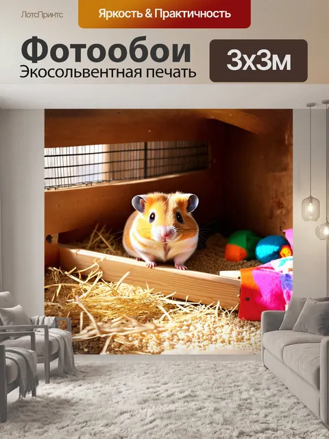 Фотообои милейший карликовый хомяк, уютно устроившийся на своей деревянной клетке, окружен множеством ярких игрушек