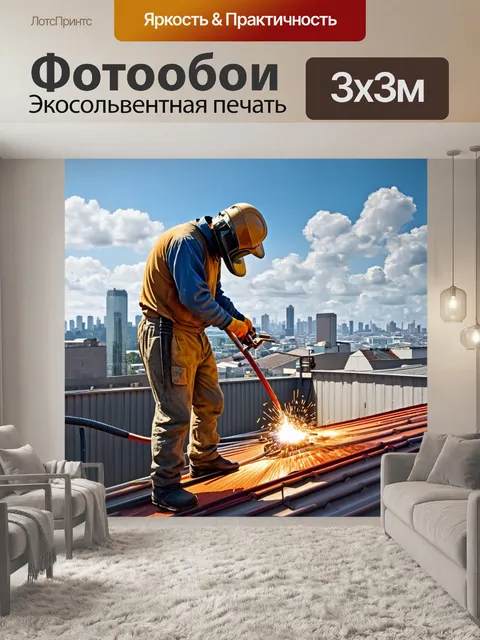 Фотообои изобразите сварщика, работающего на высоте, с панорамным видом на город на заднем плане, под открытым небом