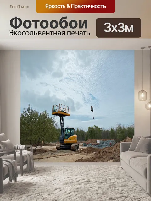 Фотообои спокойное утро на строительной площадке, где кран загружает стеклоподъёмник, облака плывут в небе