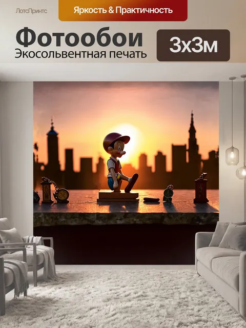 Фотообои на фоне закатного неба изображен большой буратино, выполненный из дерева