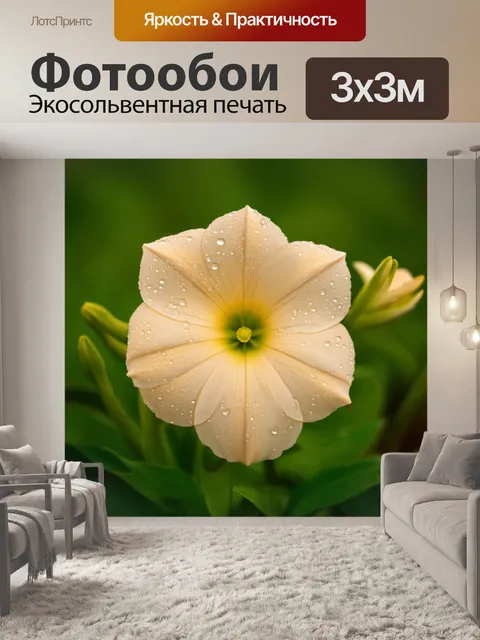 Фотообои бежевый цветок, раскрывающийся на фоне зеленого сада, его лепестки словно питьевой свет испускают нежное…