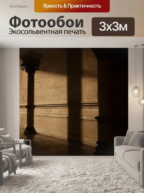 Фотообои сцена, в которой закон представлен в виде теней, пересекающихся на стенах старинного здания суда