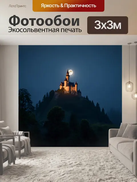 Фотообои ночь в стиле тонализм, изображающие замок на холме, окутанный лёгким туманом и мягким светом луны