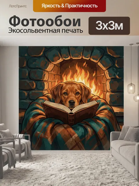 Фотообои Щенок с книгой у камина