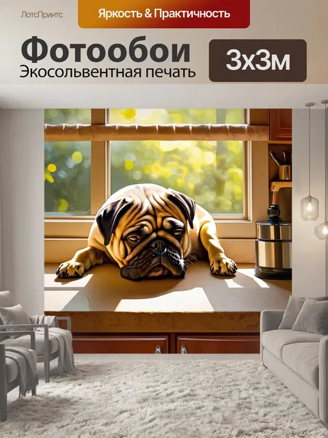 Фотообои на окне уютной кухни сонная мопса дремлет, когда свет утром проникает сквозь стекло, создавая мягкие тени