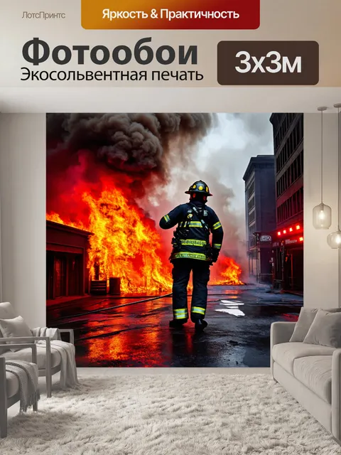 Фотообои пожарный, борющийся с огнем в городском районе, с облаками дыма и красными огнями вокруг, создающими…