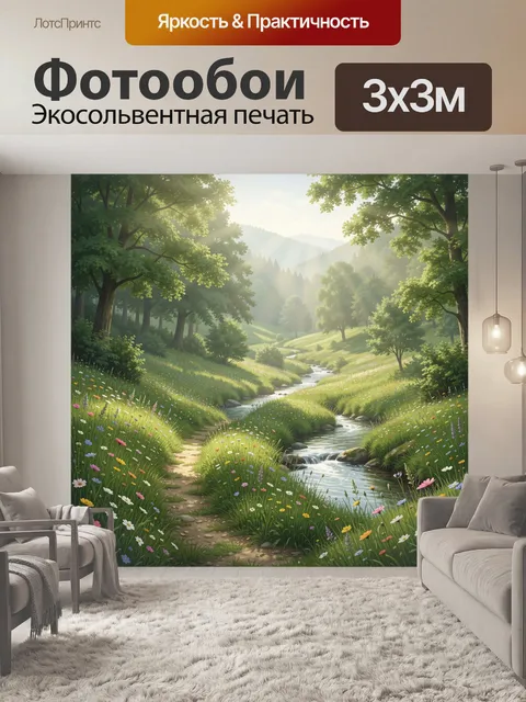 Фотообои Лесная долина с ручьём и цветами