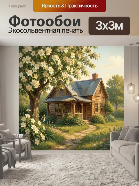 Фотообои Цветущий сад у деревянного дома