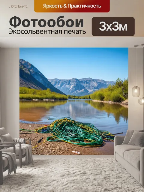 Фотообои горы и река, где на берегу валяются рыболовные принадлежности, с отражениями в воде, в стиле пейзажа
