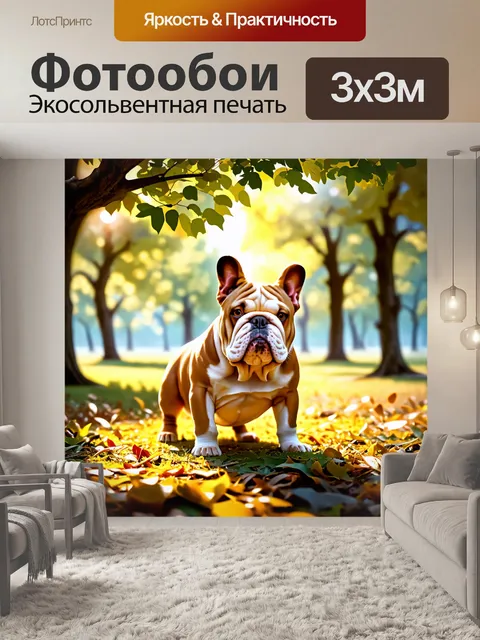 Фотообои арахисовый бульдог в парке, кормящийся листьями и рассматривающий деревья с многоуровневыми кронами