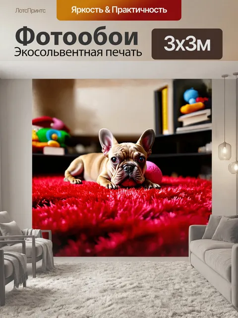 Фотообои французский бульдог, нежно свернувшись клубочком на ярко-красном ворсистом ковре, создает контраст с его…