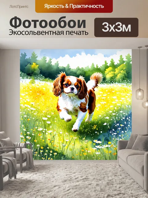 Фотообои пейзаж с кавалером кинг чарльз спаниелем, бегущим через луговину с цветущими дикими цветами