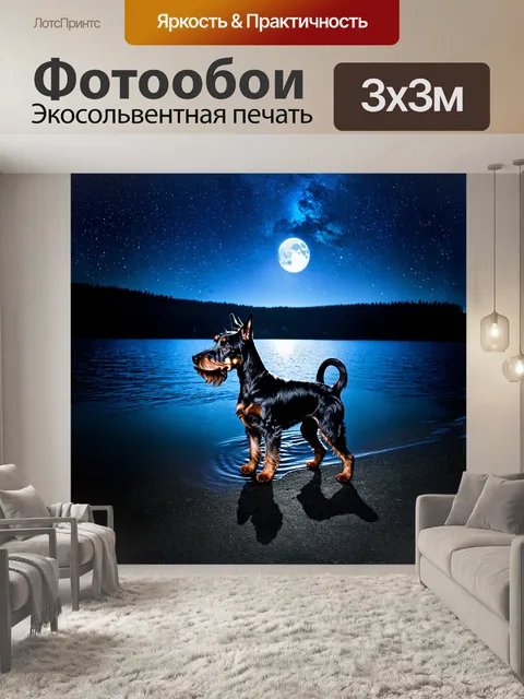 Фотообои шотландский терьер, стоящий на берегу дивного озера под ярким звёздным небом, отражающимся в воде