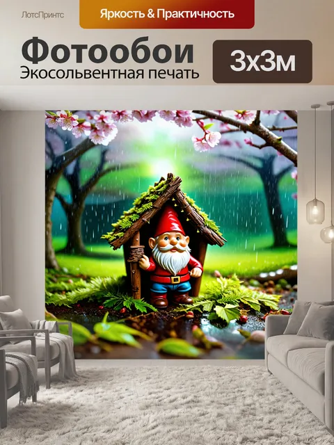 Фотообои гном, строящий хижину из веток и листьев, на фоне цветущих деревьев и капель дождя