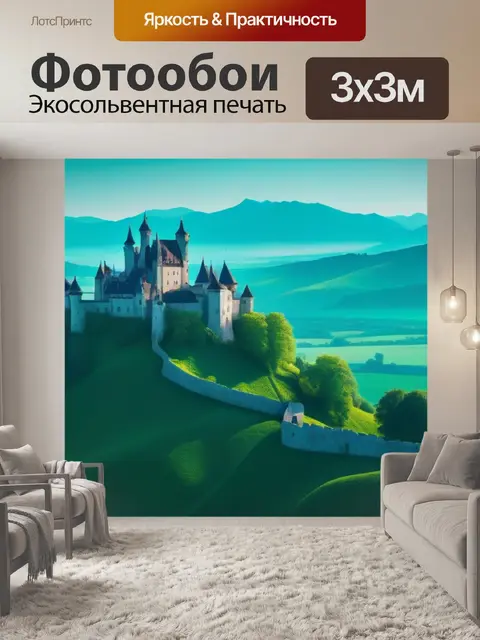 Фотообои мистический пейзаж с изумрудно-зелеными холмами и старым замком
