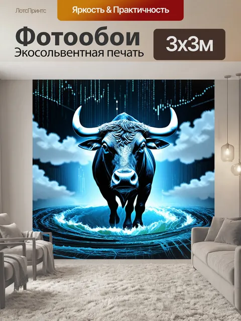 Фотообои сказочный бык, символизирующий фондовый рынок, окружённый потоками света и облаками данных