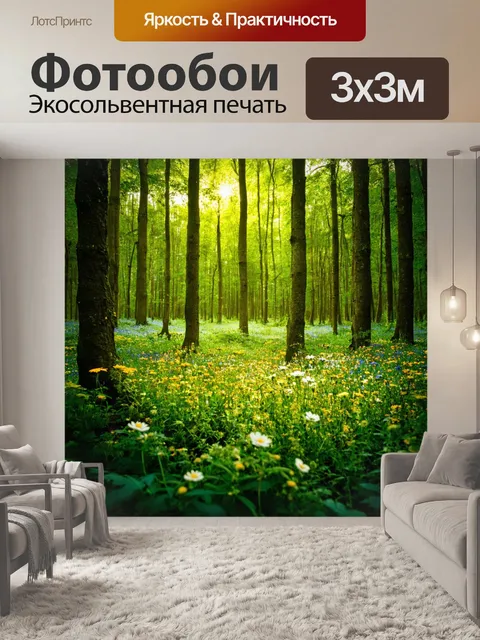 Фотообои лес с освещёнными участками, полными цветов и зелени