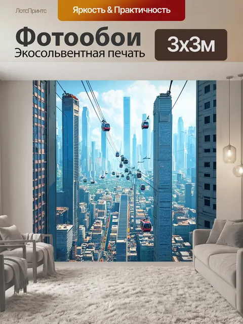 Фотообои пейзаж в стиле ретрофутуризм, где высокие небоскребы соединены канатными дорогами над мегаполисом