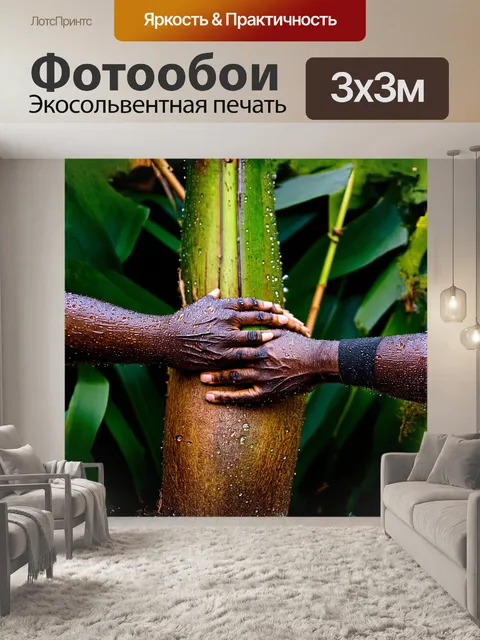 Фотообои ладони, покрытые росой, нежно обнимают ствол кокосового дерева, а многочисленные листья мягко касаются их