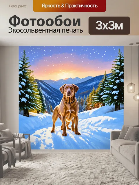 Фотообои лабрадор, стоящий на фоне великолепного зимнего пейзажа, окружённого снегом и елями