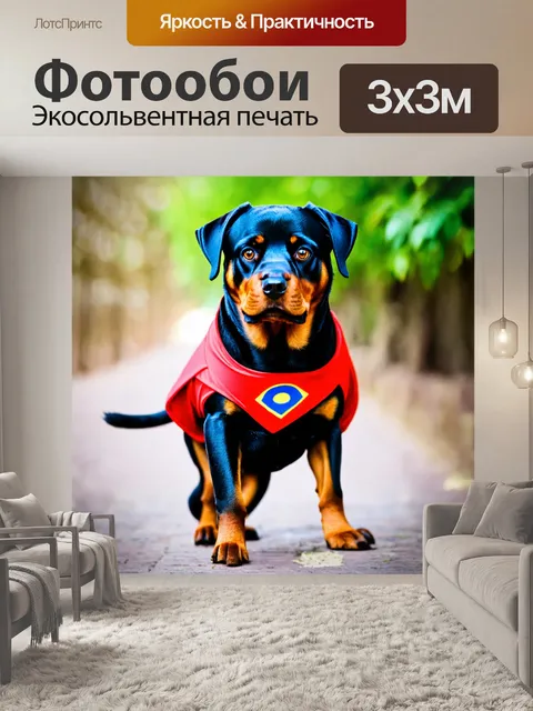 Фотообои ротвейлер в костюме супергероя, готовый к приключениям с глазом на цель