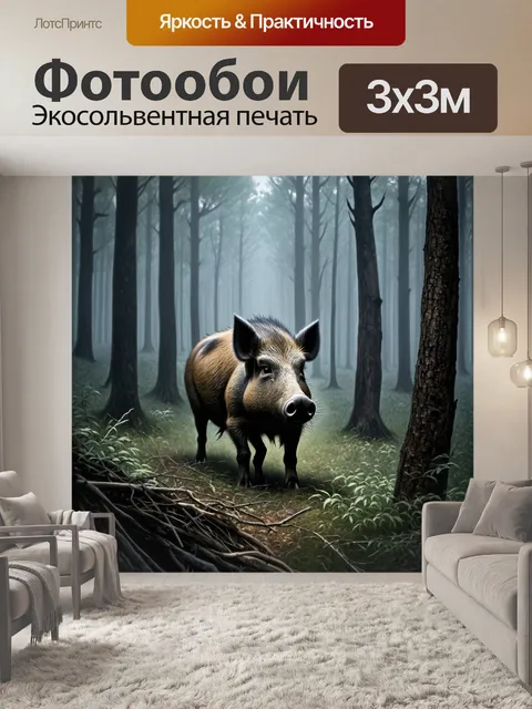 Фотообои в густом, туманном лесу дикий кабан уходит вглубь чащи, напоминающей натюрморт с размытыми силуэтами деревьев