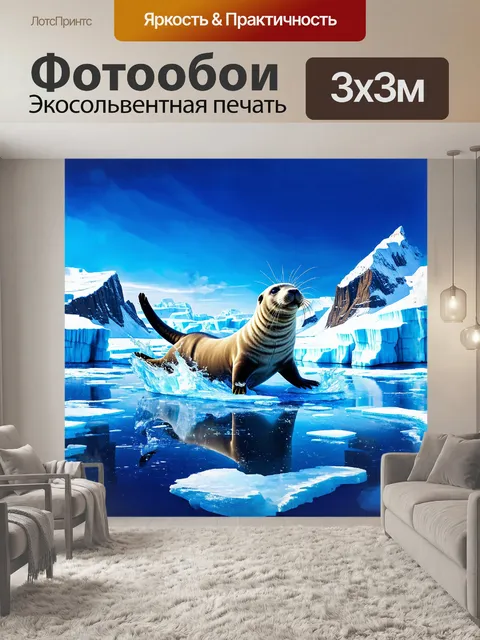Фотообои тюлень, играющий на ледяной поверхности, с его игривыми движениями и сверкающими брызгами льда, летящими в…