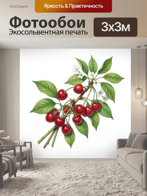 Фотообои Ветка вишни с листьями и цветами