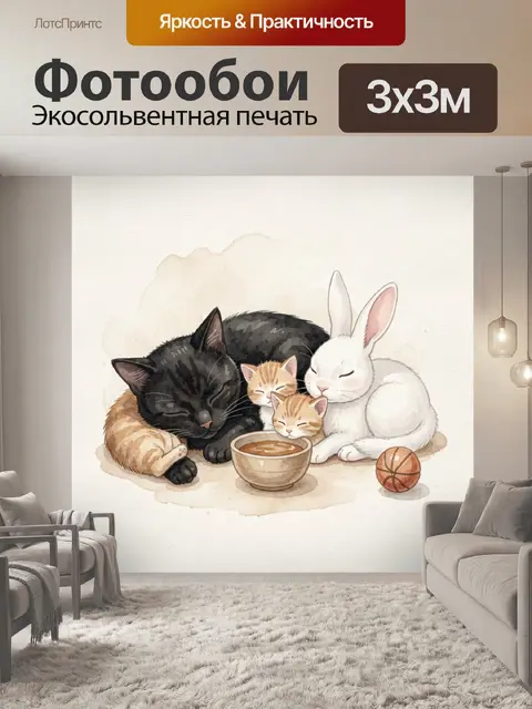 Фотообои Кот и кролик с котятами у миски
