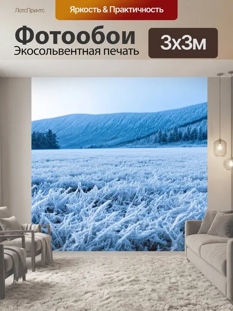 Фотообои поле заснеженных лугов, покрытых инеем и морозными узорами, гора на заднем плане