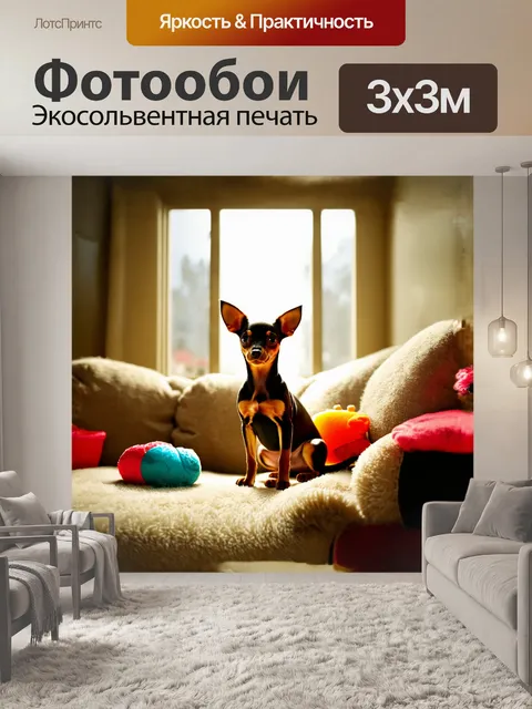 Фотообои той-терьер сидит на мягком диване в уютной комнате