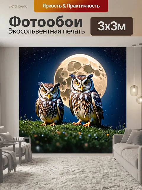 Фотообои животные, спокойный ночной пейзаж с совами и луной