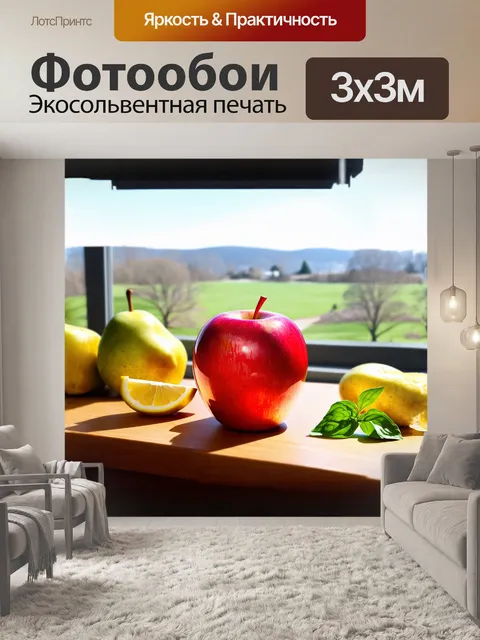 Фотообои ярко-красное яблоко, освещенное мягким солнечным светом, лежит на деревянном столе с бушующим пейзажем за…