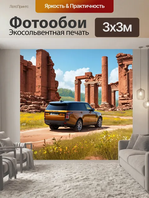Фотообои внедорожник, проезжающий мимо'antique ruins, surrounded by wildflowers and tall grass