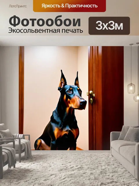 Фотообои доберман, настороженно сидящий у двери, его глаза внимательно следят за происходящим; атмосфера…