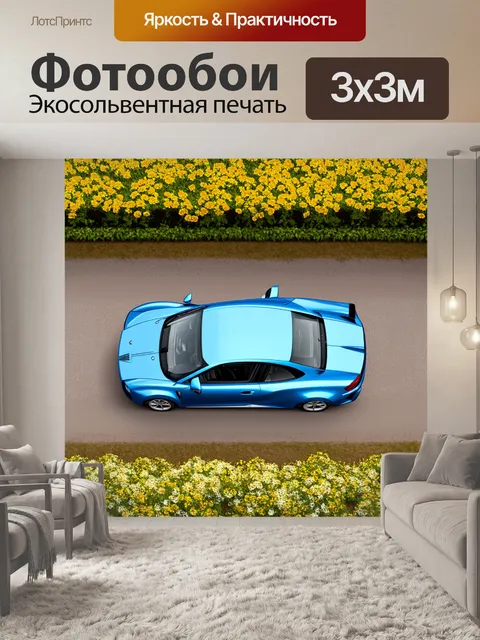 Фотообои вид сверху на спортивную машину, проезжающую мимо цветущего сада