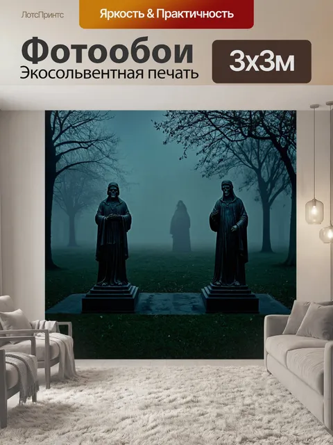 Фотообои туман в стиле тёмное фэнтези, вечерний парк с мрачными статуями и странным, зловещим туманом