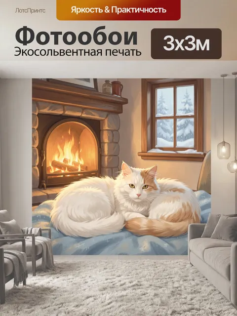 Фотообои Белый кот у камина зимой